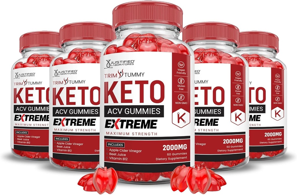 Justified Laboratories (5 Pack Trim Tummy Keto ACV Gummies Extreme 2000MG Trim Tummy Keto Gummies Apple Cider Vinagar Formuleret med Pomegranate Beet Juice Powder B12 Vegan Non GMO 300 Gummys