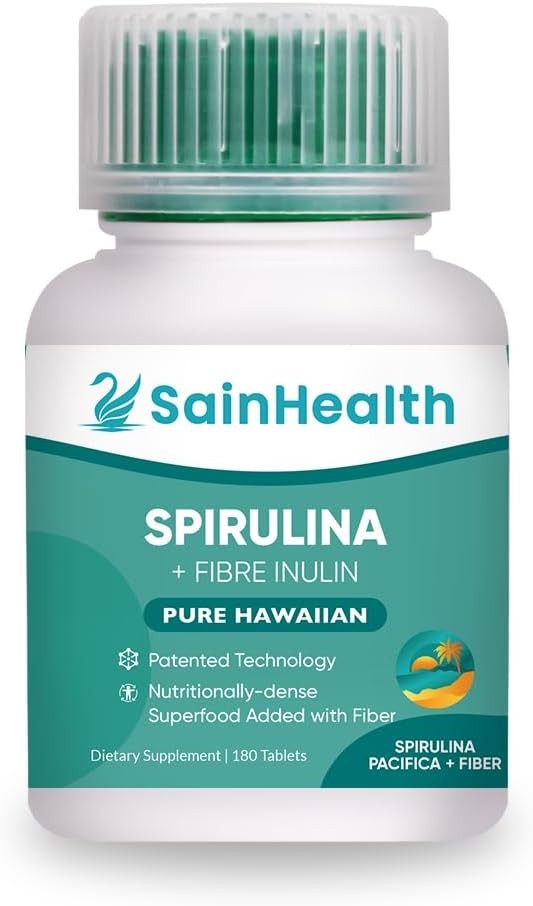 Spirulina + Fibre Inulin - Herbal Supplement, Spirulina Tilføjet Fiber Vegan tabletter til fordøjelsessygdomme, 600mg Spirulina, Vegan & GMO fri (180 tabletter)