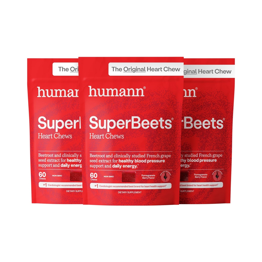 Humann SuperBeets Heart Chews, Nitrooxid og Blodtrykssupport, Grape Seed Extract & Non- GMO Beet Root Powder Energy, Pomegranat Berry Flavor, 180 Greve