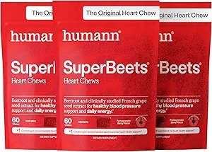 Humann SuperBeets Heart Chews, Nitrooxid og Blodtrykssupport, Grape Seed Extract & Non- GMO Beet Root Powder Energy, Pomegranat Berry Flavor, 180 Greve