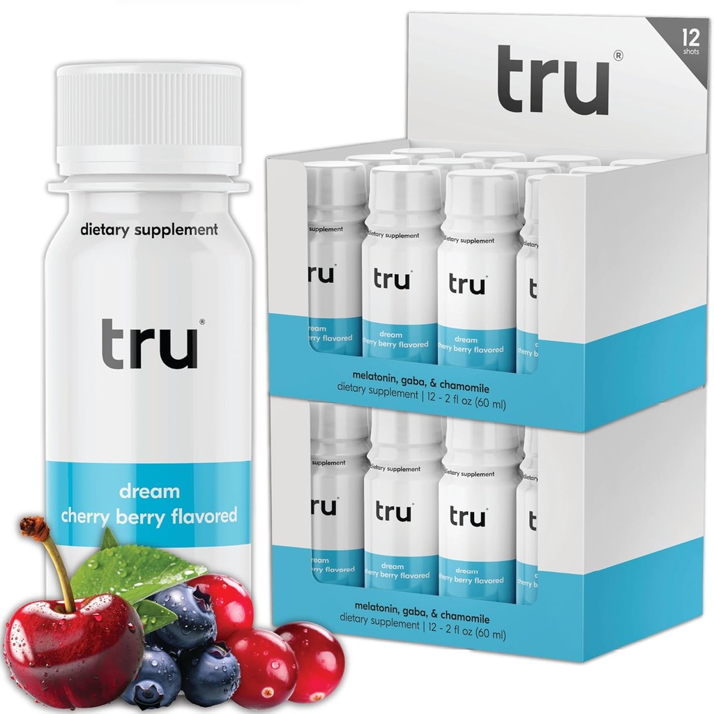 Tru Dream Shot, Cherry Berry Flavored Deep Sleep Aid Shots - Zero Sugar Call Sleep Drikke plus Melatonin, GABA, Kamille - Koffein Free, GF, Keto, Natural Flavors, Vegan Supplement, 2oz (Pack of 24)