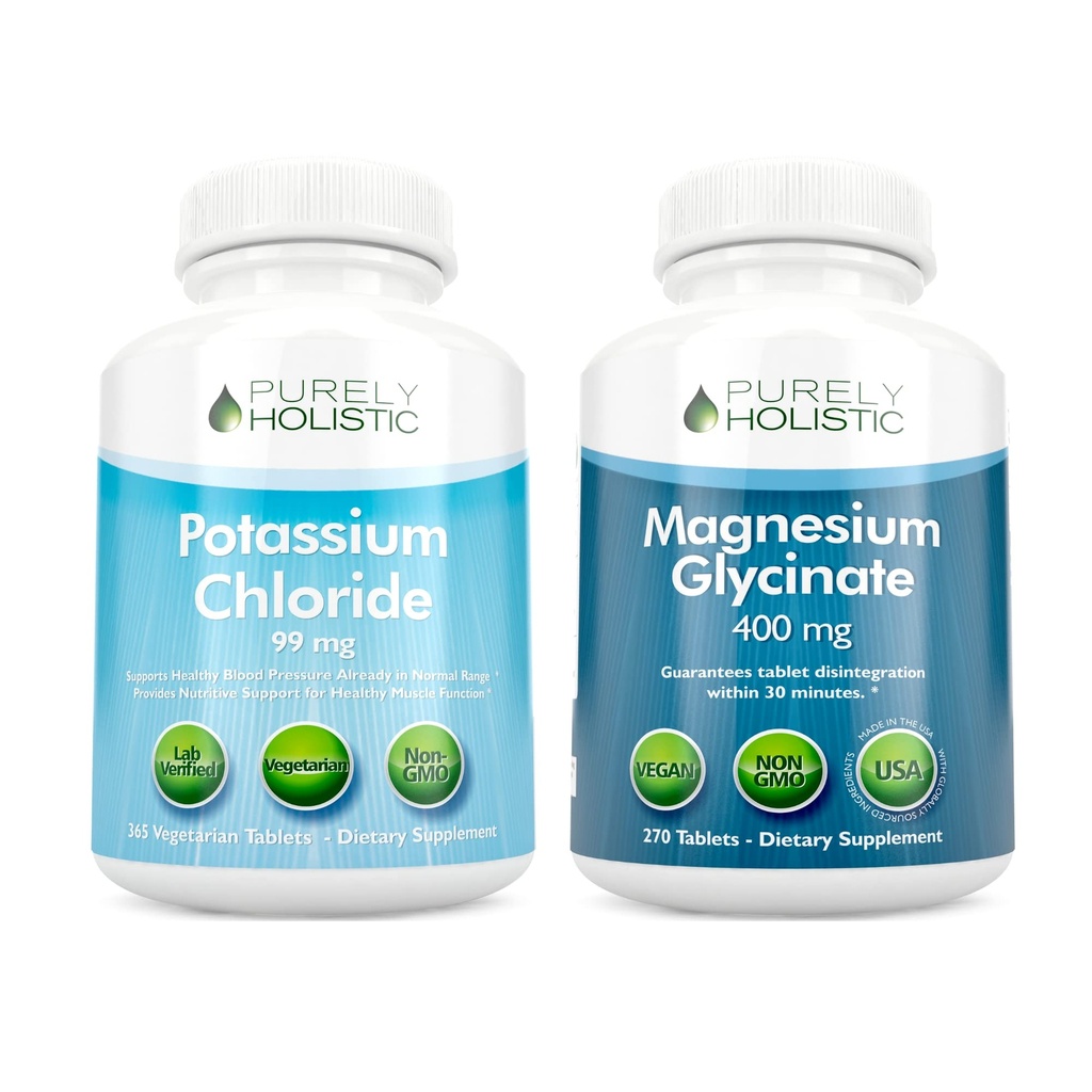 Kaliumchlorid 99mg + Magnesium Glycinat 400mg - 365 + 270 tabletter - Vegetarisk Bundle - Made in USA