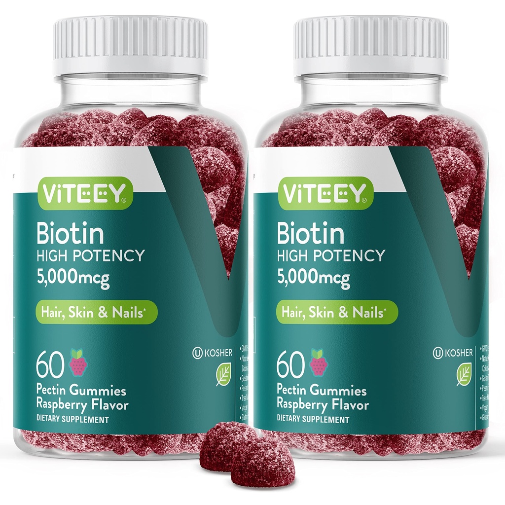 VITEEY Biotin Gummies for hår hud og negle - Biotin for hårvækst Gummies - 5000 mcg - Vegan, Gluten- fri, ikke-GMO - 120 Tæl