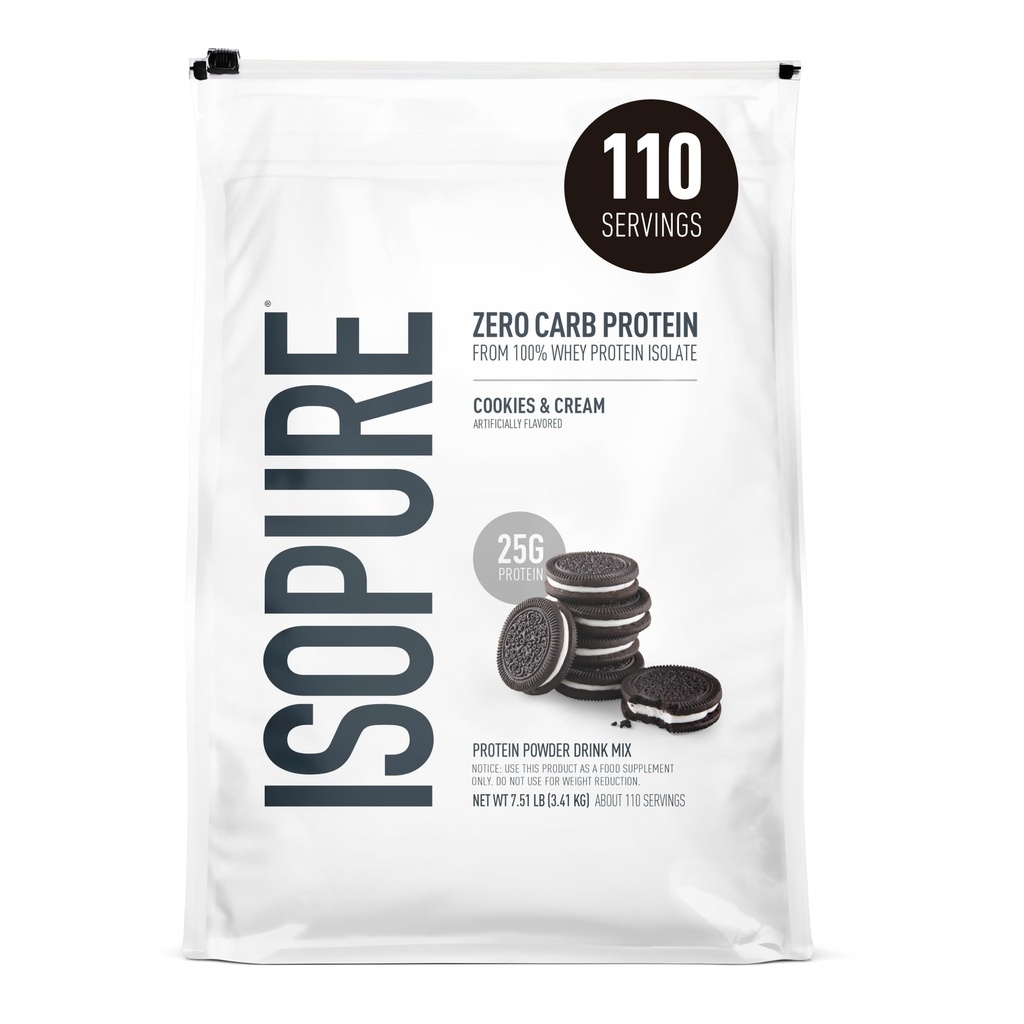 Isopure Zero Carb 100% Pure Whey Isolate Protein Powder, Lactose Free, Gluten Free, med vitaminer, Cookies & Cream, 25g Protein Per Servering, 7,5 Lbs, 110 Servere (Packaging May Vary)
