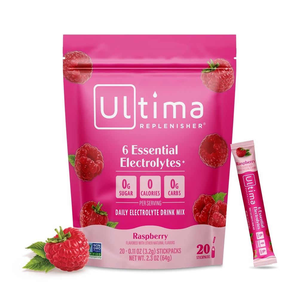 Ultima Replenisher Daily Electrolyte Powder Drink Mix - Sugar Free - Hindbær, 20 Stickpacks - Hydrationspakker med 6 Key Electrolytes og Trace Minerals - Keto Friendly, Vegan, Non- GMO