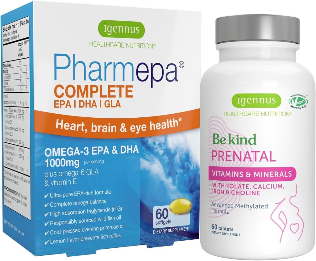 Advanced Prenatal Multivitamin & Pharmepa Complete EPA DHA rTG Omega 3 1000mg Graviditet Support Bundle, af Igennus