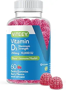 Viteey vitamin D3 Gummies for voksne & Teens - 10.000 IE, 250mcg, Maksimal styrke - Joint & Muscle Health, immunboost - Chewable D Gummies - Vegetar, Gelatine Free - Tasty Berry Flavored