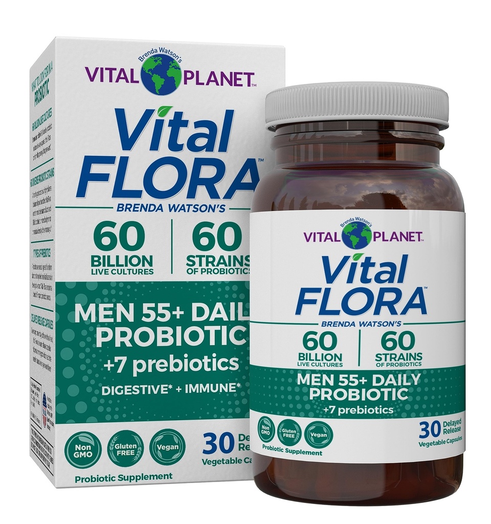 Vital Planet - Vital Flora Mænd 55 + Daily Probiotic, 60 Millioner CFU, 60 Diverse Stains, 7 Organic Prebiotics, Immunsupport, Gas Relief, Colon og fordøjelsessygdomme Probiotika til mænd 30 Kapsler