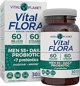 Vital Planet - Vital Flora Mænd 55 + Daily Probiotic, 60 Millioner CFU, 60 Diverse Stains, 7 Organic Prebiotics, Immunsupport, Gas Relief, Colon og fordøjelsessygdomme Probiotika til mænd 30 Kapsler