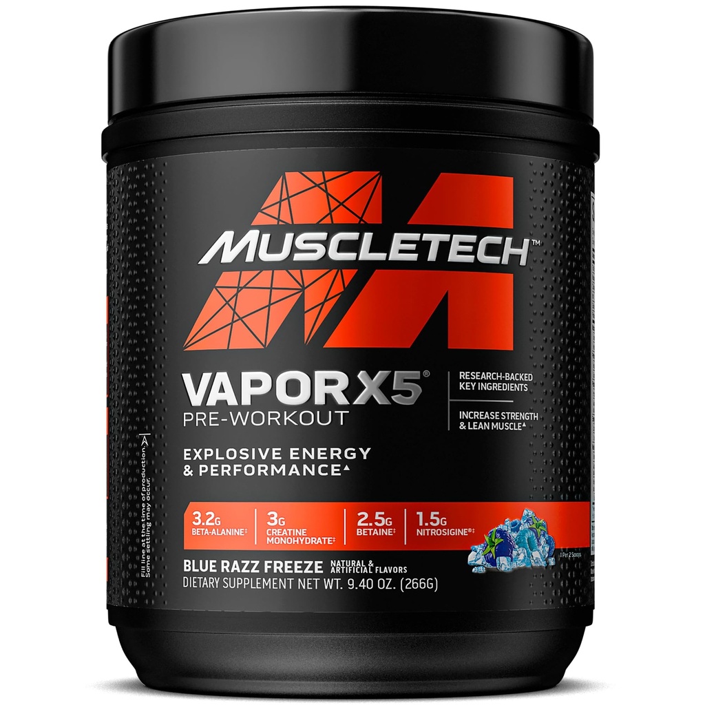 MuscleTech Pre- Workout Powder, Vapor X5 - Sport Nutrition Muscle Building Kosttilskud til kvinder & mænd - Intensive Muscle Pump Energy Powder Drink Mix - Blue Razz Fryse, 266g (30 Servere)