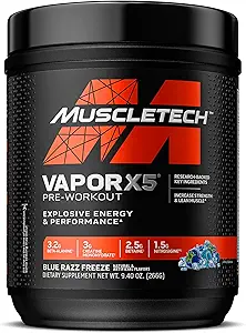 MuscleTech Pre- Workout Powder, Vapor X5 - Sport Nutrition Muscle Building Kosttilskud til kvinder & mænd - Intensive Muscle Pump Energy Powder Drink Mix - Blue Razz Fryse, 266g (30 Servere)