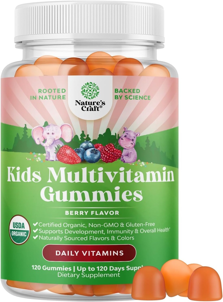 USDA Organic Kids Multivitamin Gummies - Vegansk Organic Multivitamin for Kids 2 + med 14 essentielle vitaminer og mineraler - Daglige vingummi Multivitaminer Vegan Nut Free & Non- GMO (120 Tæl)