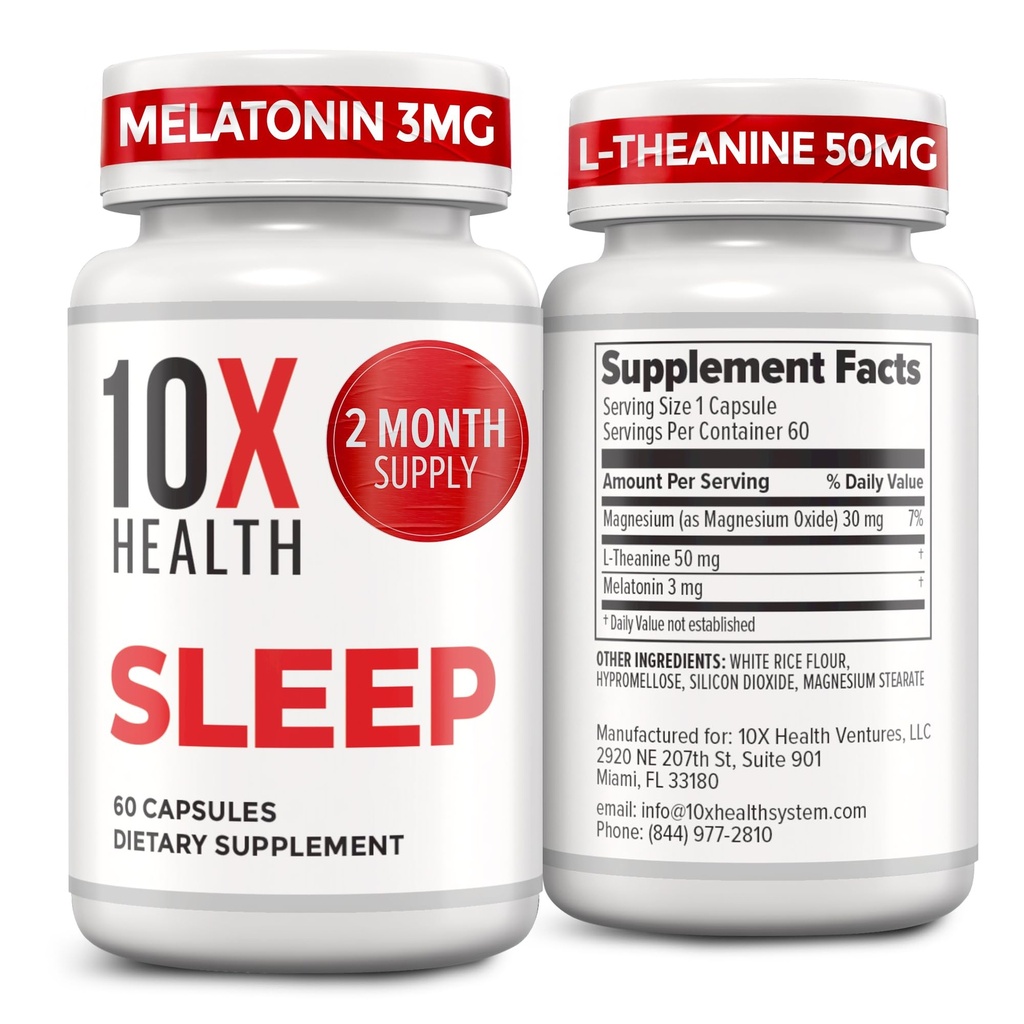 10X sundhed søvn kosttilskud til voksne - 60 kapsler - Melatonin 3 mg, L Theanin, Magnesium supplement, Magnesium oxid til dyb, bedre hvile og afspænding - 3-in-1 naturlige dvalestøtte