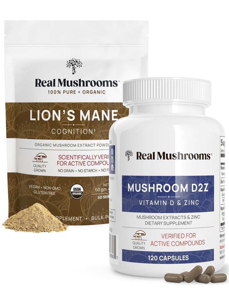 Real Mushrooms Vitamin D2, Chelated Zink, Chaga, Reishi (120ct) og Organic Lion 's Mane Powder (60 Servere) Bundle - Immunitet og kognitiv støtte, Forbedret Absorption - Vegan, Gluten Free, Non- GMO