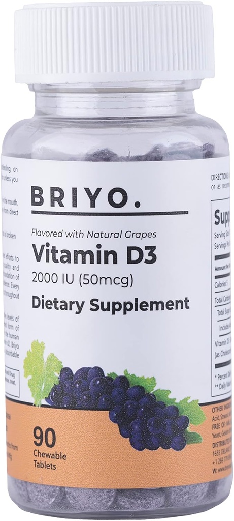 Briyo Vitamin d3 tyggetabletter - 2000 IE (50 mikrogram per servering) - Lækker naturlig Grape Flavor, 90 Greve