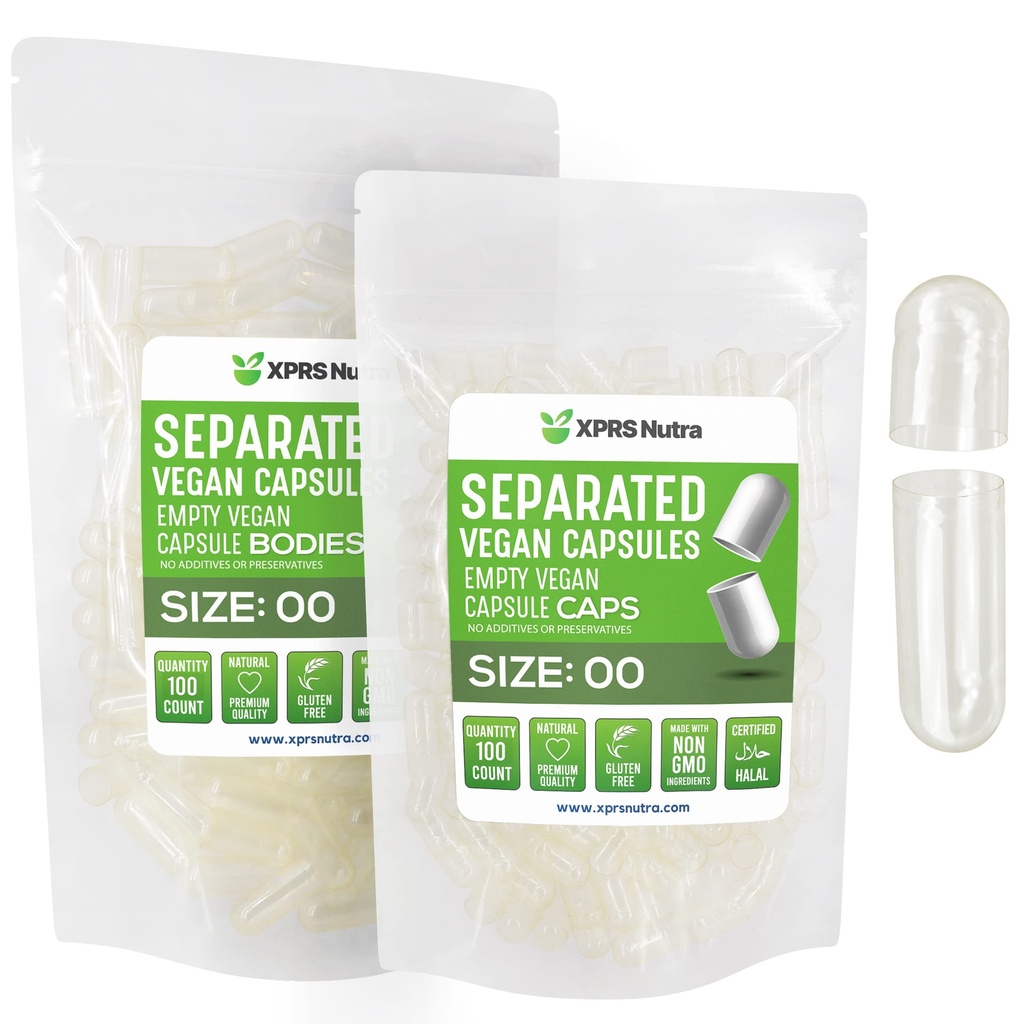 XPRS Nutra Vegan Størrelse 00 Separated Kapsler - 100 Count Clear Premium Tomme Kapsler Separeret i poser - 00 Piller Tom for DIY Supplement Fyldning