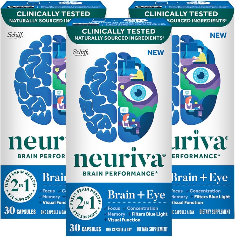 NEURIVA Brain + Eye supplement til hukommelse, fokus og koncentration med klinisk testet Lutein og Zeaxanthin, Vitamin A C & E + Zink til Eye Health & Filter Blue Light 30 Count Capsules (3 Pack)