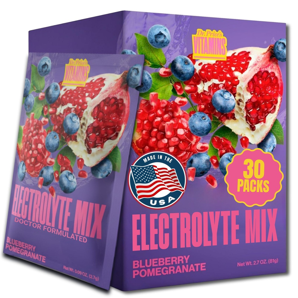 Dr. Prices Vitaminer Electrolyte Mix Supplement Powder, 72 Trace Minerals, Kalium, Natrium, Electrolyte Erstatning Keto Drink 124; Blueberry- Pomegranate 30 Pakker # 124; Ingen sukker, Keto, Vegan, Non- GMO