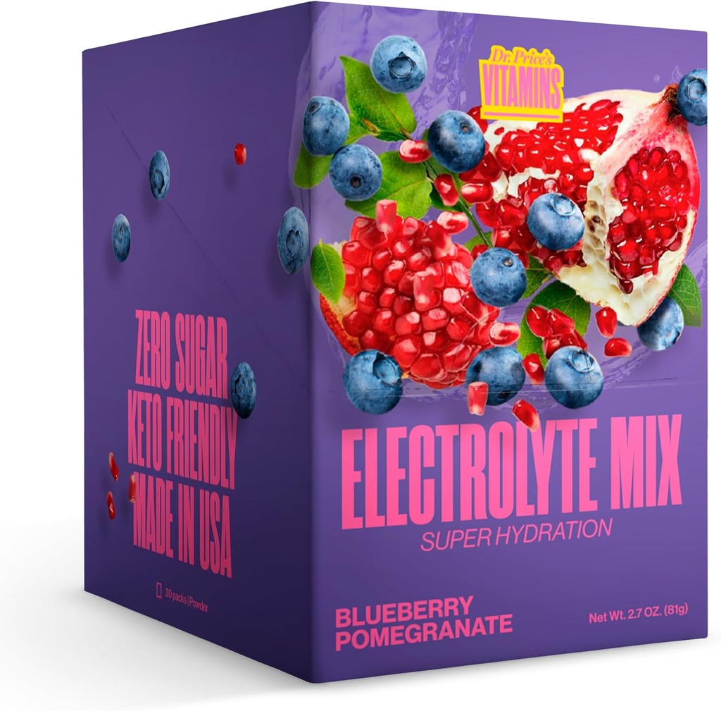 Dr. Prices Vitaminer Electrolyte Mix Supplement Powder, 72 Trace Minerals, Kalium, Natrium, Electrolyte Erstatning Keto Drink 124; Blueberry- Pomegranate 30 Pakker # 124; Ingen sukker, Keto, Vegan, Non- GMO