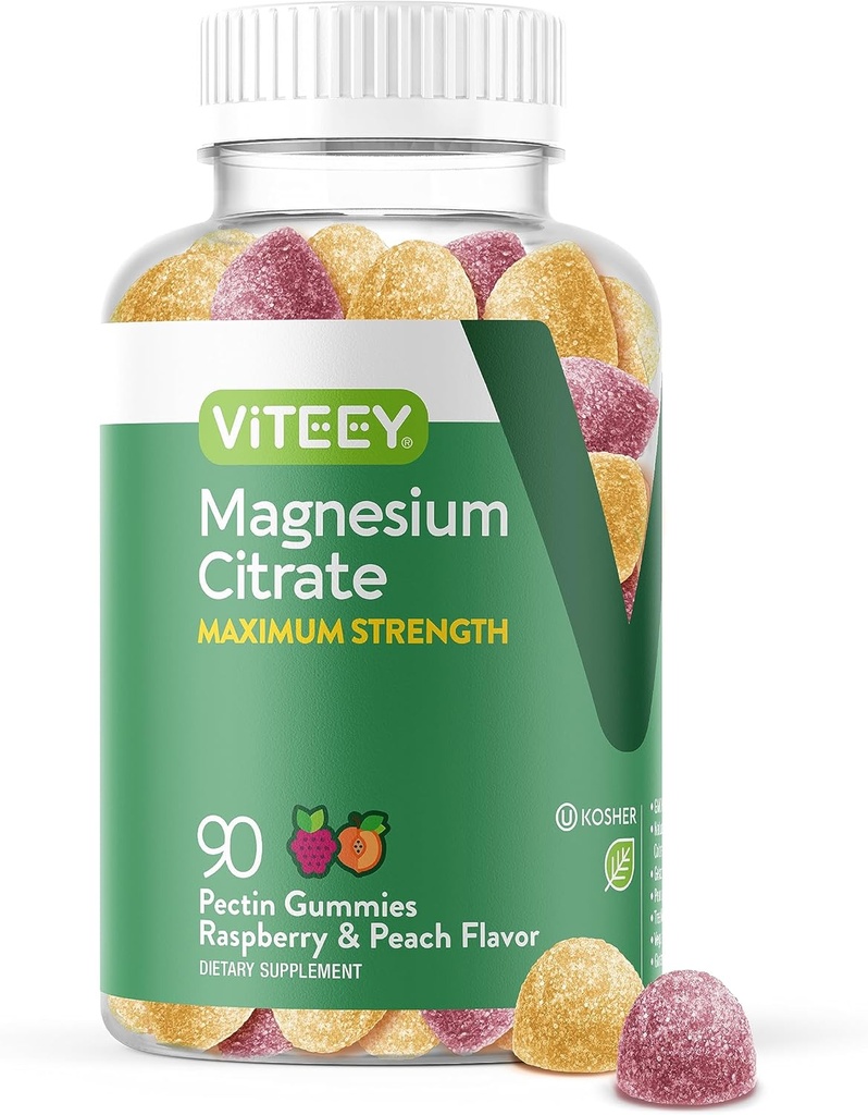 VITEEY Magnesium gummier for voksne - 255mg af Magnesium Citrate Gummy til ro, søvn, nerve & muskelfunktion Support - Vegan, Gluten Free - 90 Greve