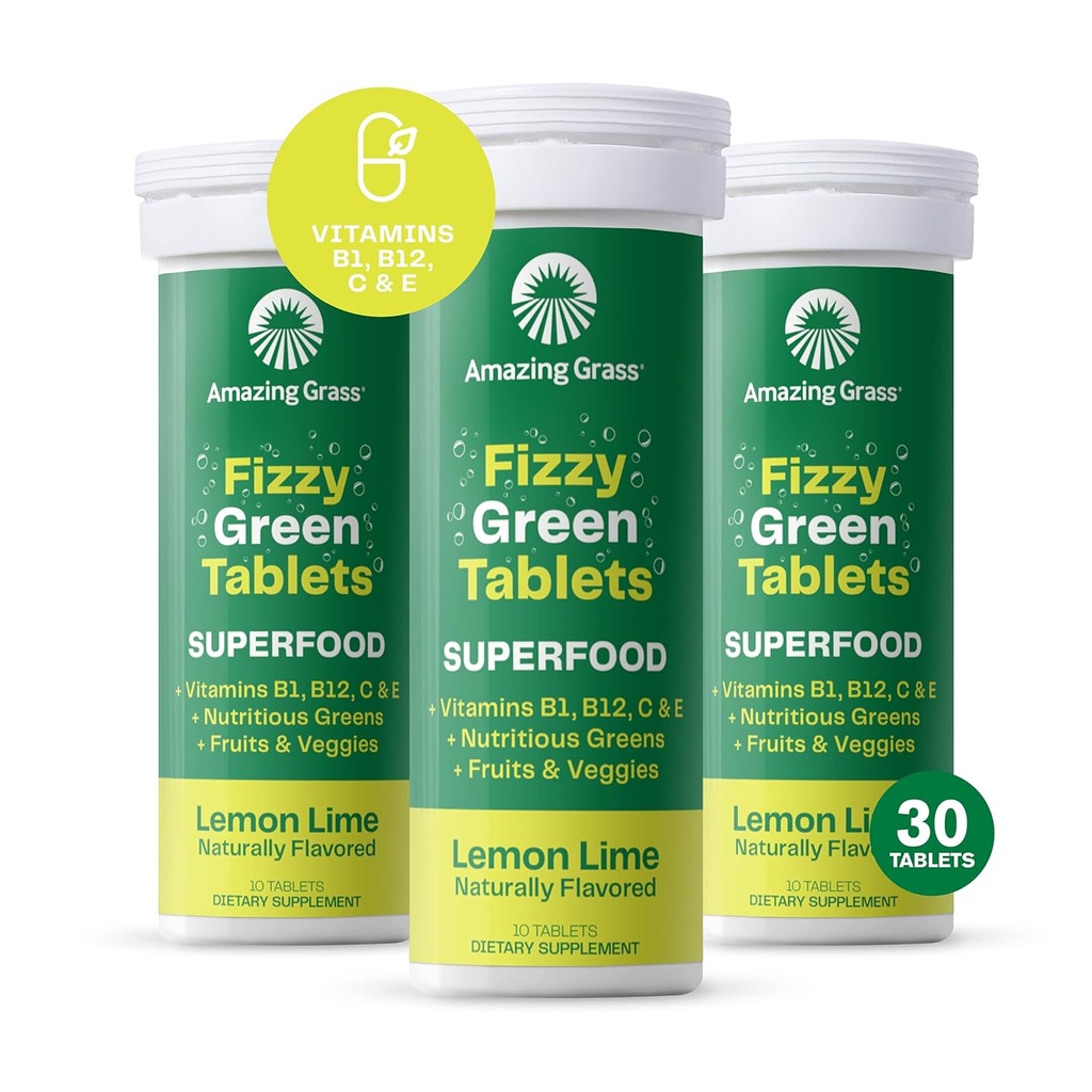 Amazing Grass Fizzy Green Tablets Superfood: Green Superfood vand smag tabletter med antioxidanter & alkaliserende grønne, Lemon Lime, 10 Greve (pakke af 3)