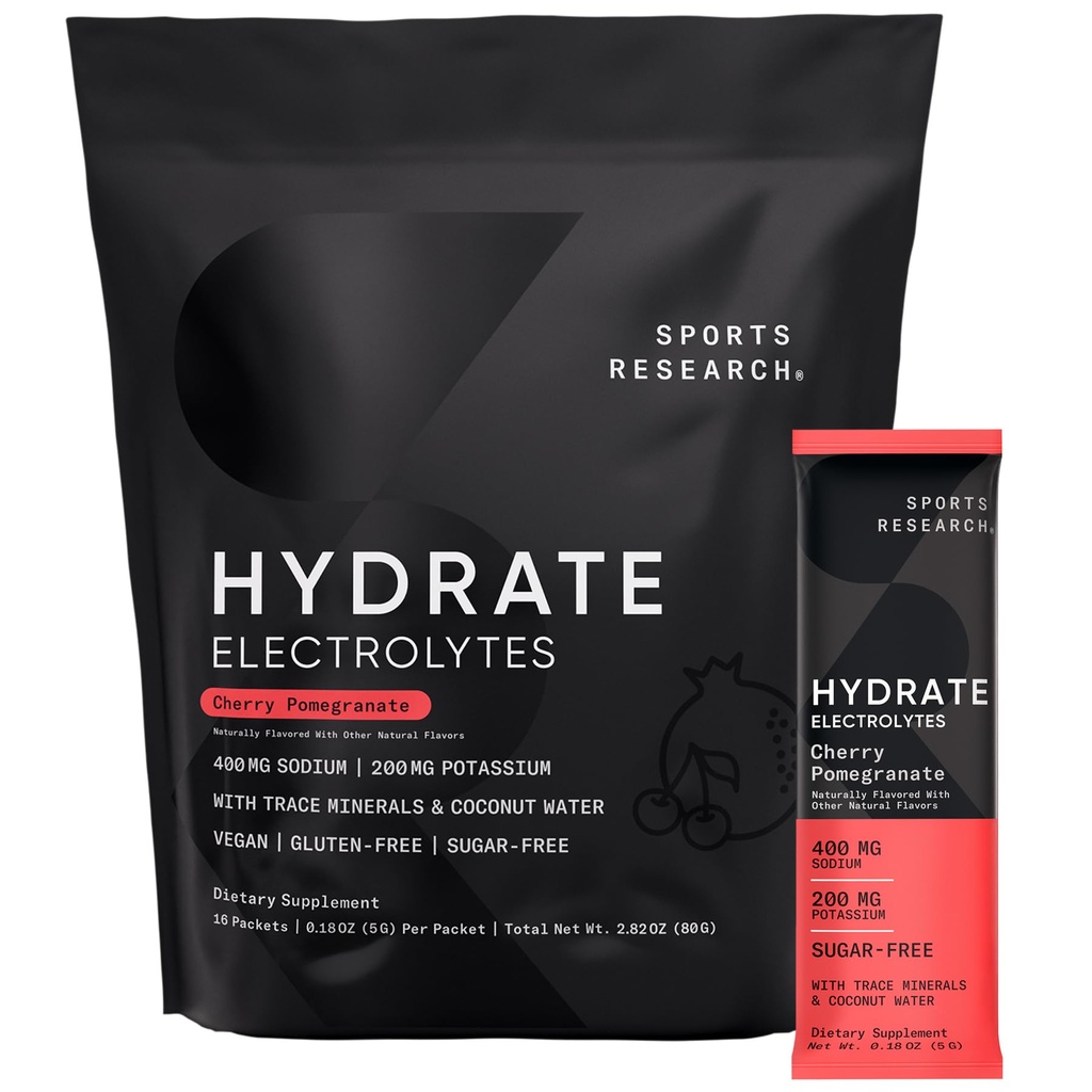 Sportsforskning Hydrate Electrolytes Powder Packets - Sugar- Free & naturligt tilsat vitaminer, mineraler og kokos vand - Understøtter hydrering - 16 Packets - Cherry Pomegranate