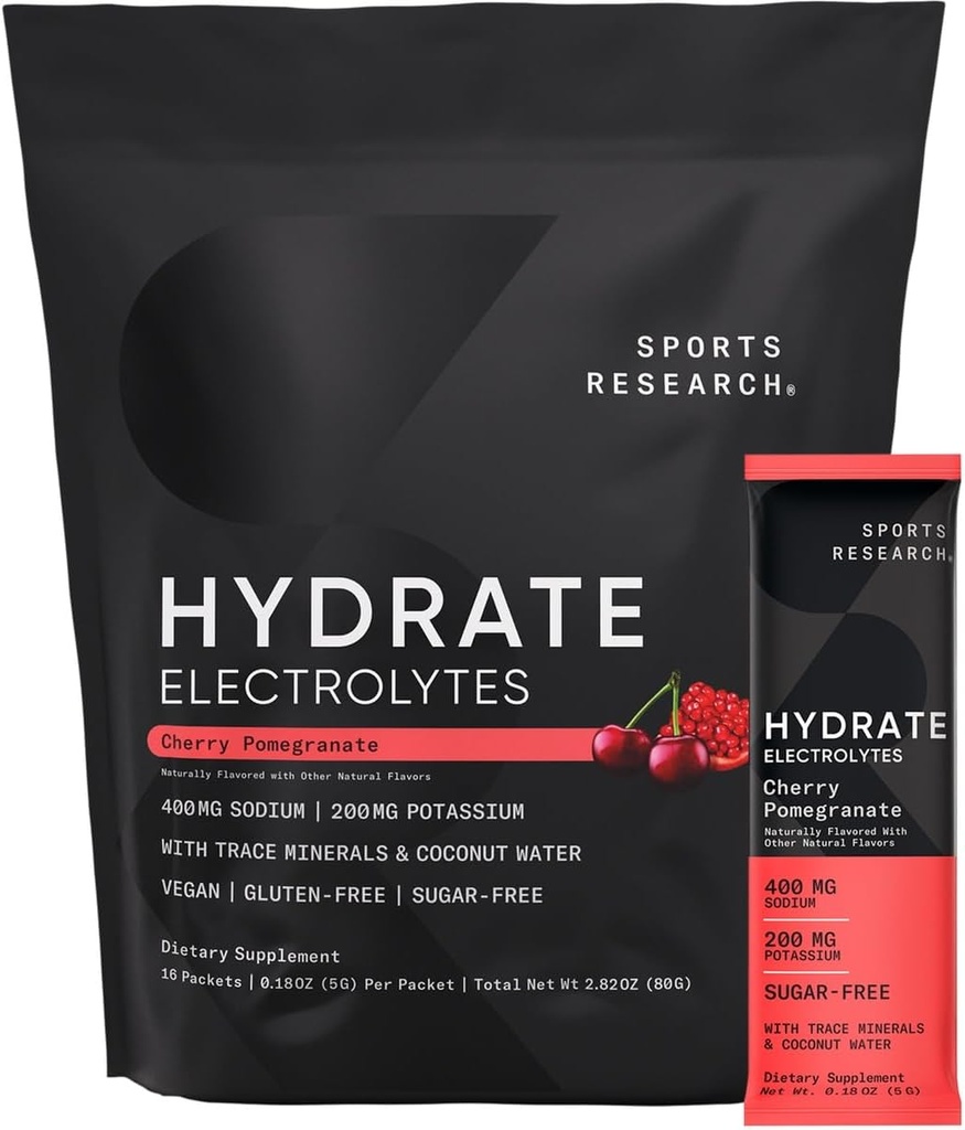 Sportsforskning Hydrate Electrolytes Powder Packets - Sugar- Free & naturligt tilsat vitaminer, mineraler og kokos vand - Understøtter hydrering - 16 Packets - Cherry Pomegranate