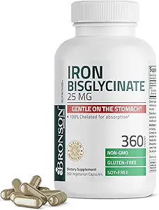 Bronson Iron Bisglycinate 25 mg Gentle on The Stomach, Supports Energy & Healthy Red Blood Cell Production - Non-Constipating Formula - Non GMO, 360 Vegetarian Capsules