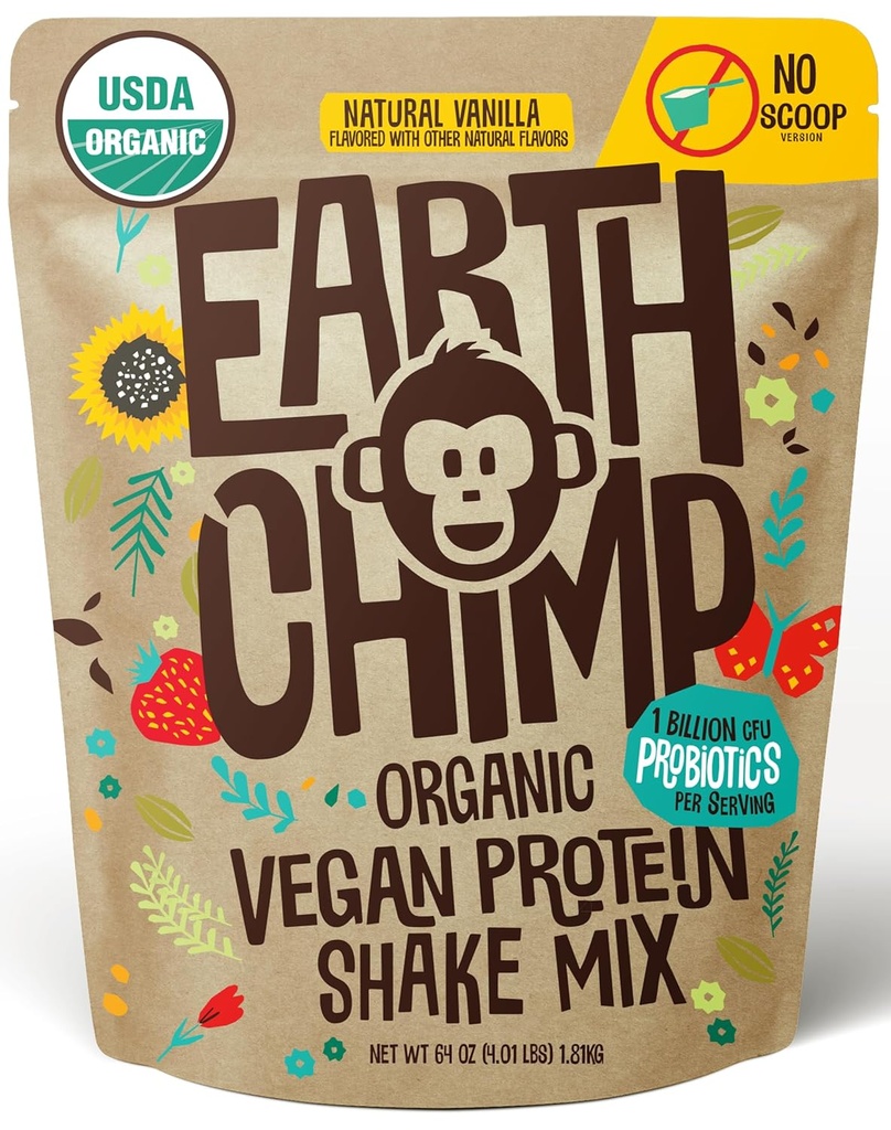 EarthChimp Organic Vegan Protein Powder - med Probiotika - Ikke GMO, Dairy Free, Non Whey, Plant Based Protein Powder for Women and Men, Gluten Free - 52 Servering 64 Oz (Vanilla) No Scoop