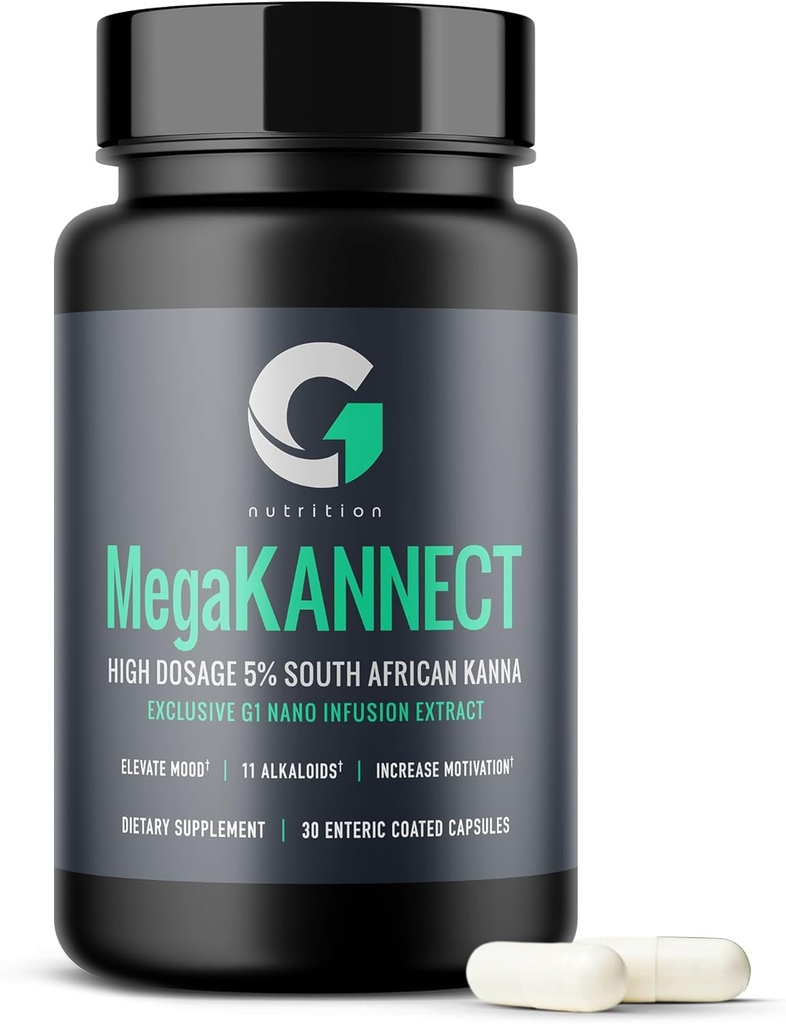 Mega Kannect kapsler med 5% Kanna Alkaloid Name 124; Elevates Mood, Øger energiniveauer, Forbedrer Mental Klarhed Beeg 124; Sceletium Tortuosum Daglige Kosttilskud til mænd og kvinder (30 Tæl)
