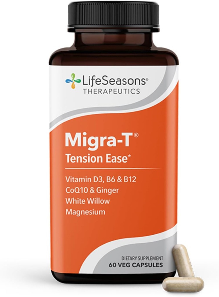 LifeSeasons Migra- T med Relieve- R PM - Migræne Prevention & Relief Supplement - Understøtter alvorlige hovedpine - Reducerer lyslyd & odor følsomhed - Feverfew, White Willow, Magnesium Ginger & CoQ10