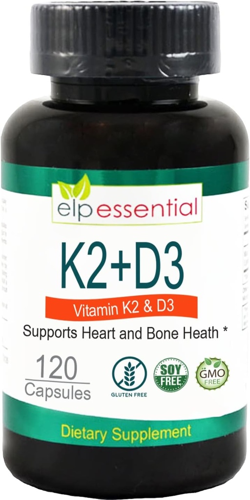ELP VÆSENTLIGE vitamin K2 med D3 supplement ben og hjerte sundhed, kapsler K2 + D3 vitaminer 120 kapsler