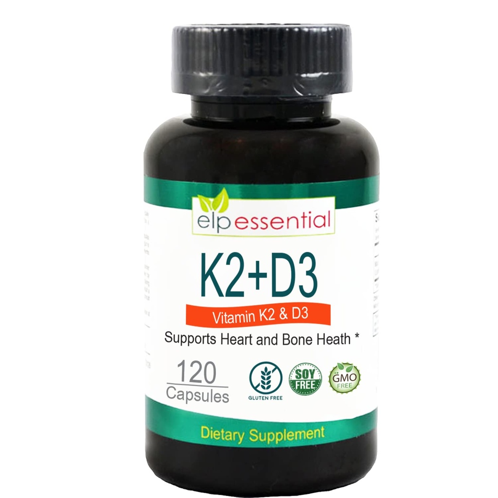 ELP VÆSENTLIGE vitamin K2 med D3 supplement ben og hjerte sundhed, kapsler K2 + D3 vitaminer 120 kapsler