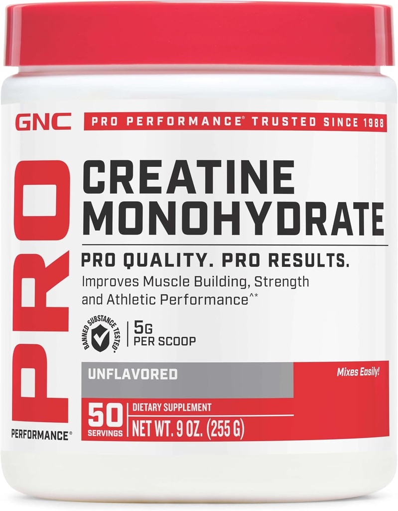 GNC Pro Performance Creatin monohydrat pulver til kvinder & mænd, 5g Creatin Per Serving, Muscle Building, Energiproduktion, Endurance, Performance, 50 Servering