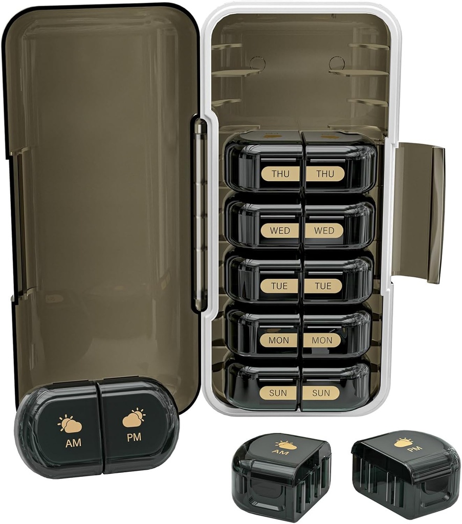 Ugentlig Pill Organizer 2 gange om dagen, Fugtighedsbevis, Aftagelige kompartmenter, AM PM Pill Box 2X 7 dag, Rejse Pill Organizer til piller / Fish Oil / Medicin / Vitamin / Kosttilskud (sort)