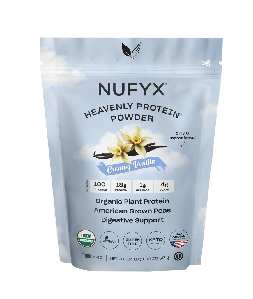 NUFYX ® • Heavenly Protein ® Powder • Verdens fineste 100% Økologiske Amerikanske Grown Peas • Vegan • Gluten Free • Lavcarb (Creamy Vanilla, 40 Scoops)