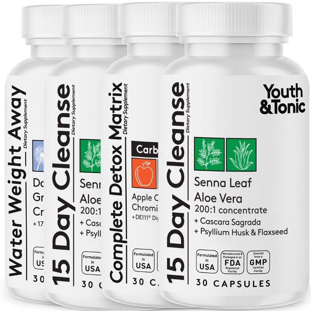 Detox Cleanse Kick Off Weight Management og Extra Colon Cleanser. 4pk for vandtab, Bloating, Flad Mave, Puffiness w Apple Cider Vincils, Senna Leaf, Glucomannan, Chrom, Probiotic 120 Pills
