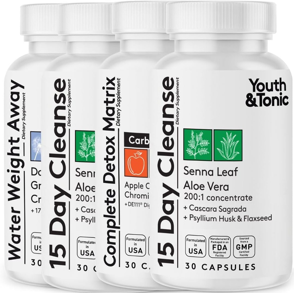 Detox Rense Kick off vægtstyring og ekstra Colon Cleanser. 4pk for vandtab, Bloating, Flat Mave, Puffiness w Apple Cider Vincils, Senna Leaf, Glucomannan, Chrom, Probiotic 120 Pills