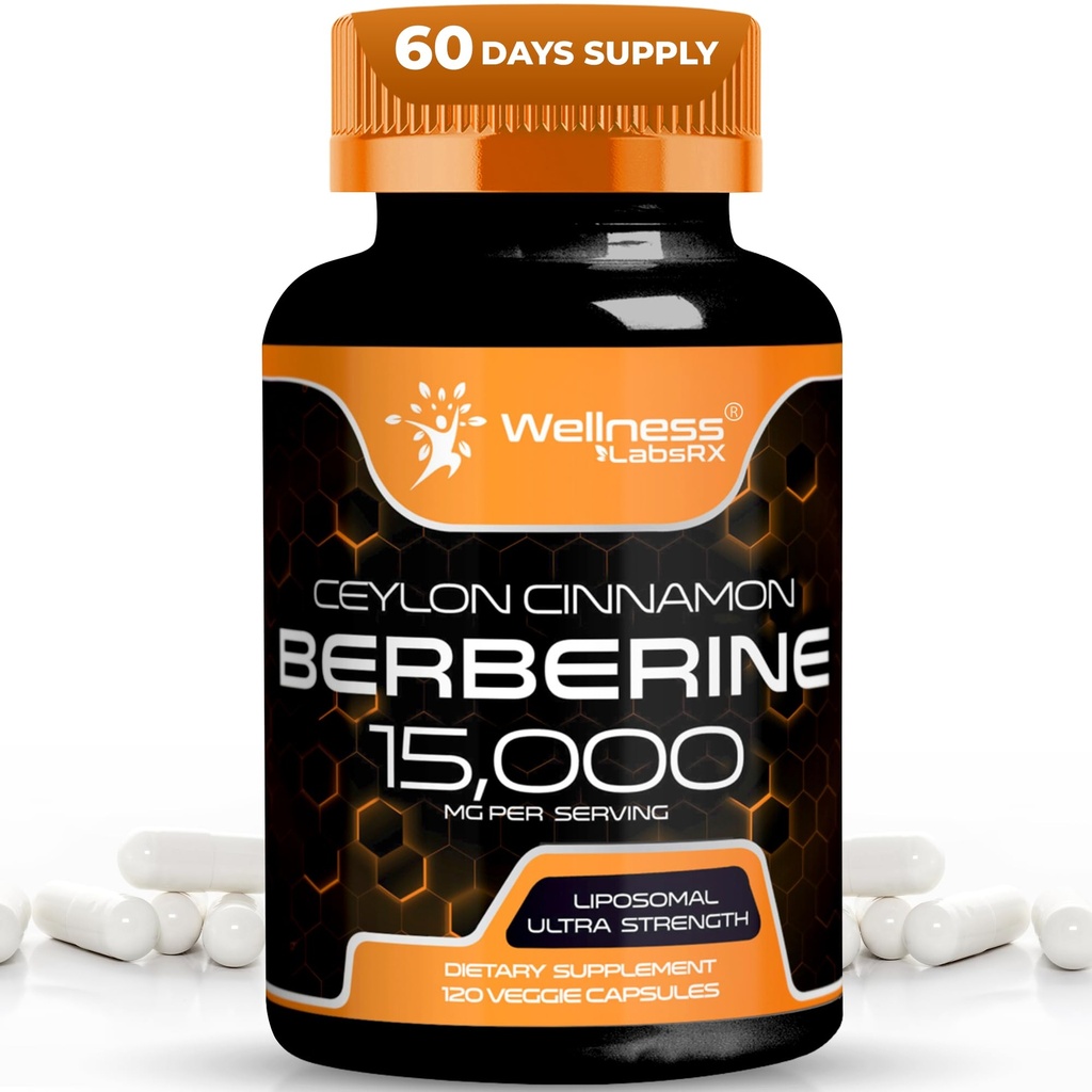 WELLENess LABSRX Berberine Supplement 15,000mg - Berberine med Ceylon kanel, Samlet wellness support kapsler - 120 kapsler (pakning med 1)