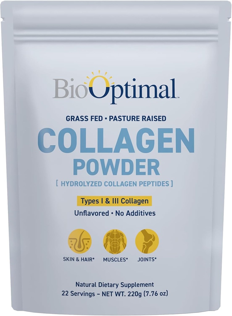 BioOptimal kollagen peptider pulver - Grass- Fed, Pasture- Raised Hydrolyzed Protein Supplement for hud, hår, & negle - Non- GMO, Zero Sugar Daily Supplement for mænd og kvinder (22 Servere)