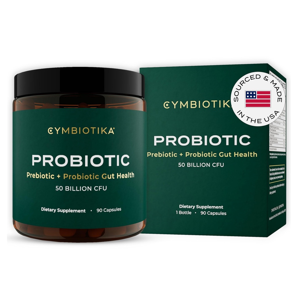 CYMBIOTIKA Probiotisk + Prebiotic, 60 Millioner CFU - 19 Strops, Gut Health Supplement for kvinder & mænd, immunforsvar, fordøjelsessygdomme, & Gut Balance, 90 Kapsler, 1 måned Supply, Made in USA