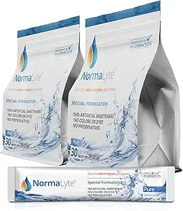NormaLyte Oral Rehydration Salts-2 Pouches - 60 sticks (Yields 500ml per pakke) -Pure Measures 124; Energitilskud, Kaliumtilskud, Dehydrering Inddrivelse og hurtig absorption