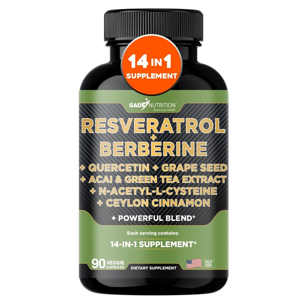 Gade Nutrition Resveratrol Berberine Quercetin Grape Seed Extract Green Tea Extract N- Acetyl Cysteine - 14 i 1 Complex supplement til kvinder og mænd med potent antioxidanter - Lavet i USA