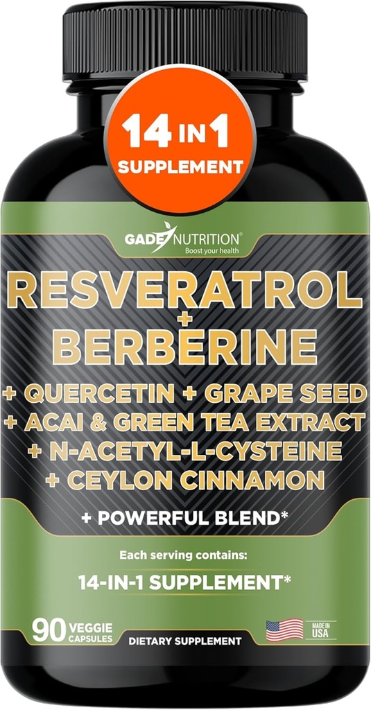 Gade Nutrition Resveratrol Berberine Quercetin Grape Seed Extract Green Tea Extract N- Acetyl Cysteine - 14 i 1 Complex supplement til kvinder og mænd med potent antioxidanter - Lavet i USA