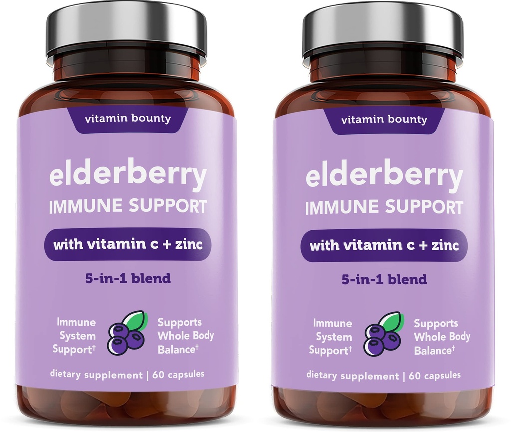 Vitamin Bounty Elderberry immunforsvar - med zink, C-vitamin & Echinacea, Avanceret 5-in-1 Blend, kraftfuld antioxidant, understøtter hele kropskvotient, non-GMO - 60 kapsler, 2 pakker