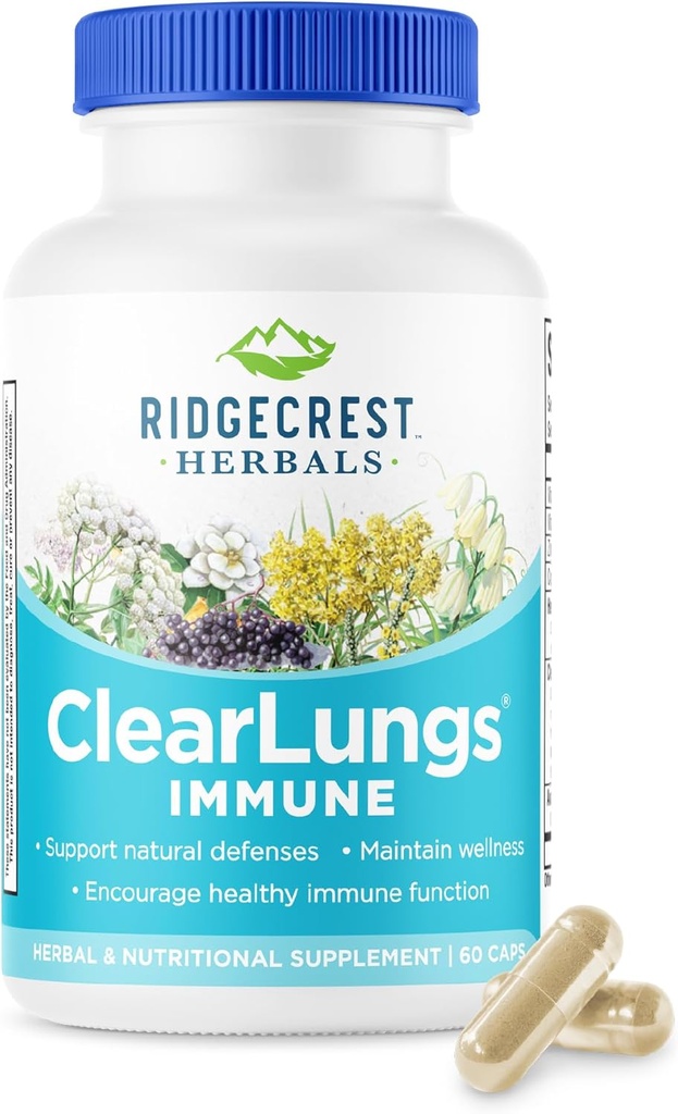 RidgeCrest Herbals ClearLungs immun, Lung Support Supplement med Mullein, Elderberry, Zink, C-vitamin, vitamin A, Olive Leaf (60 Caps, 30 Serv)