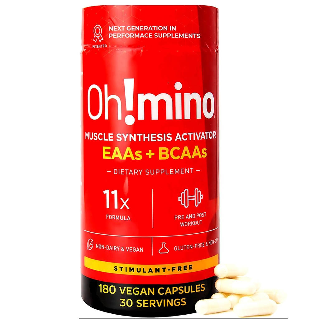 Oh!mino Essential Amino Acids Supplement, Stimulant-Free Capsules, All 9 EAAs, BCAAs, The Perfect Amino for Workouts, Amino Energy, and to Build Muscle, and Recover Faster