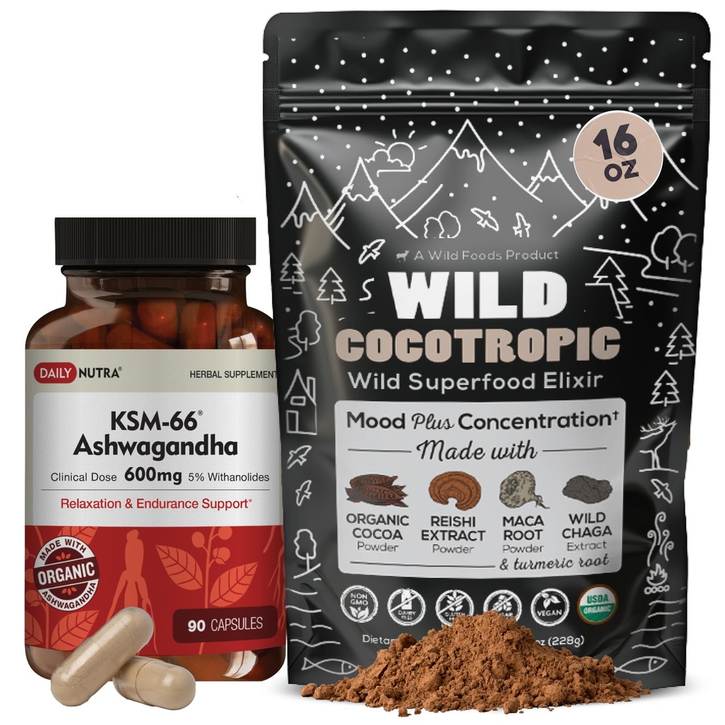 DailyNutra KSM 66 Ashwagandha (90 kapsler) og Mushroom Cacao Mix (16oz) Bundle til afspænding og fokus
