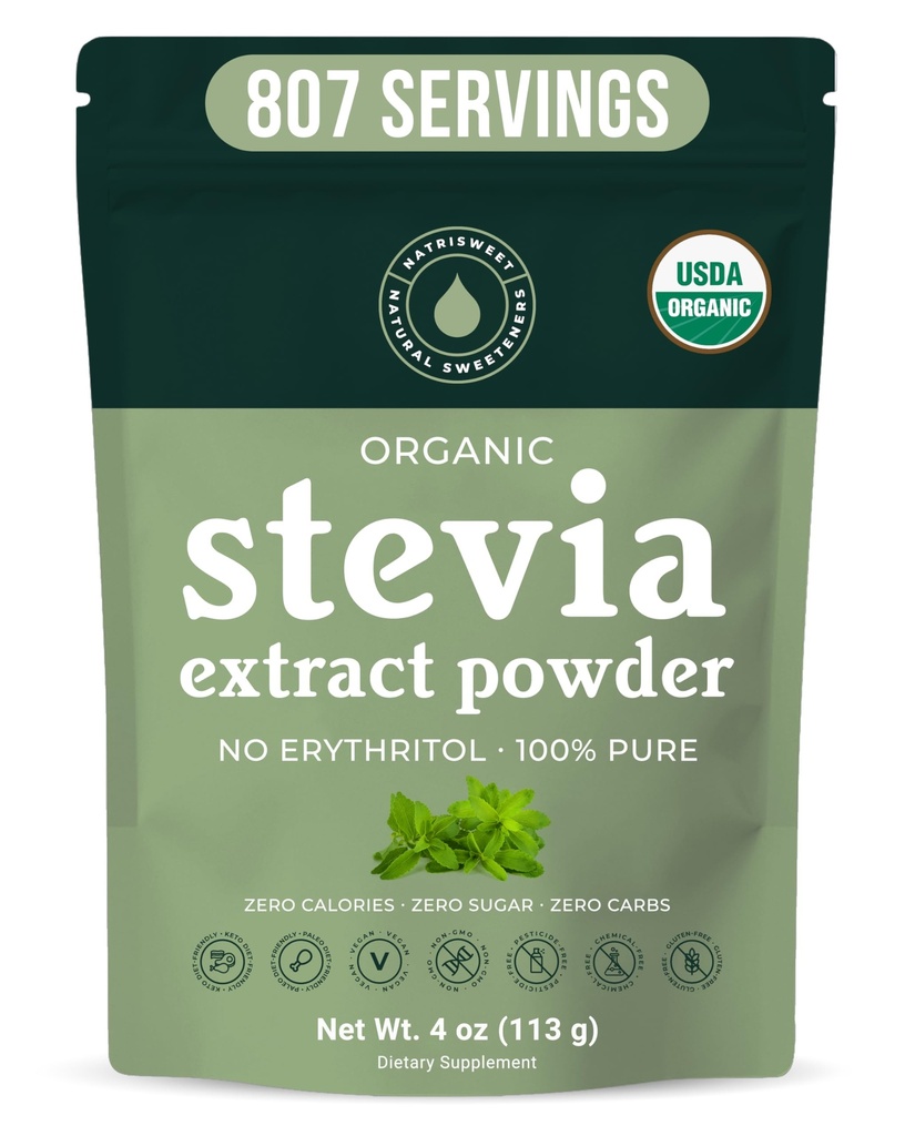 Organic 100% Pure Stevia Powder, 4 oz, Tilfredsstiller Sweet Cravings, Lawers Blood Sugar Nivels for Diabetics, Bulk Poweded Stevia Extract Sweetener for bedre bagning & drikke, 800 + Serveringer af NatriSweet