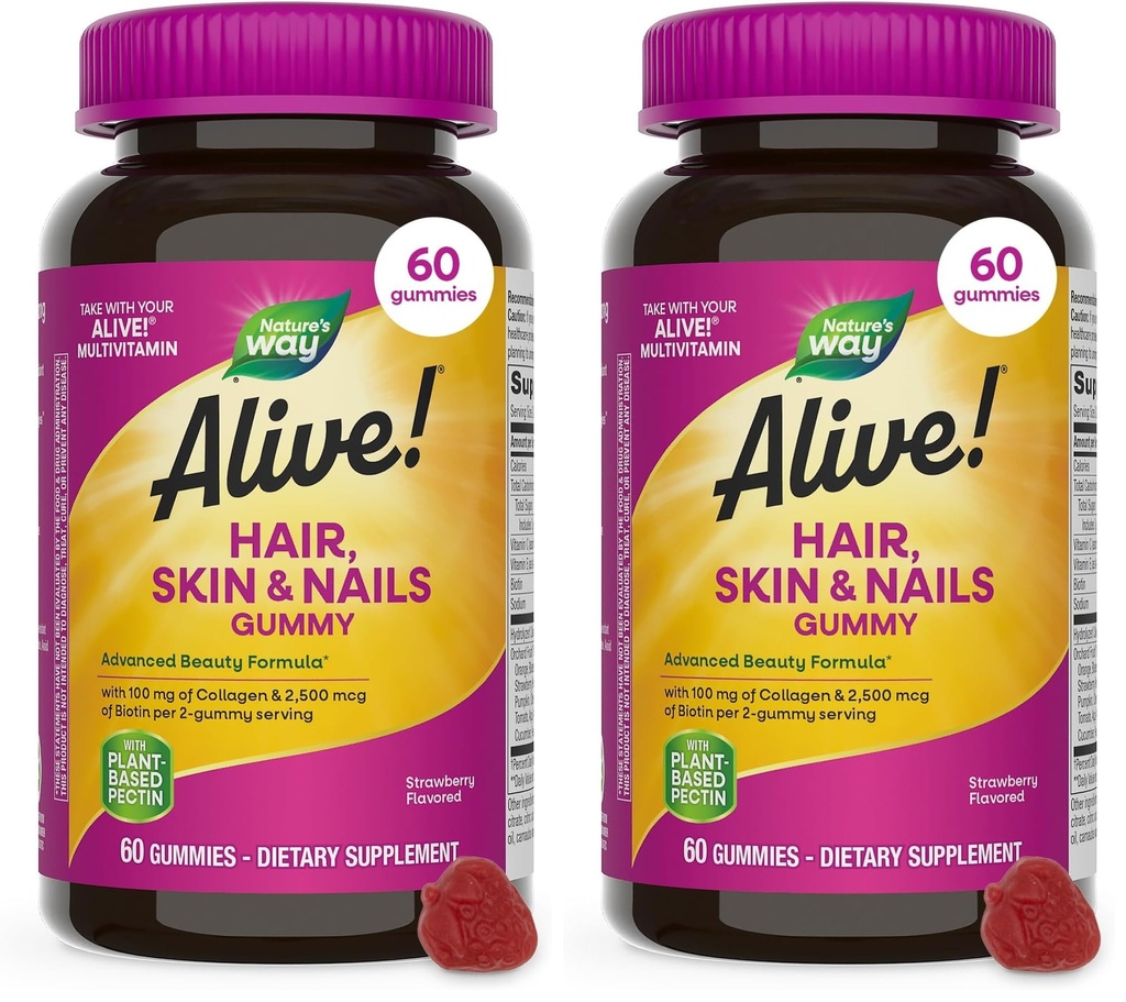 Naturen er i live! Hår, Hud & Nails Gummies, Advanced Beauty Formel *, with Biotin and Collagen, Strawberry Flavored, 60 Gummies (Packaging May Vary) (pakke med 2)